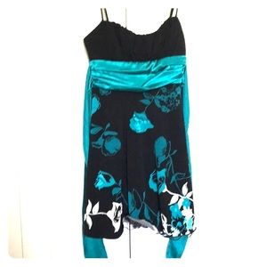 Black and teal spaghetti strapped dress.